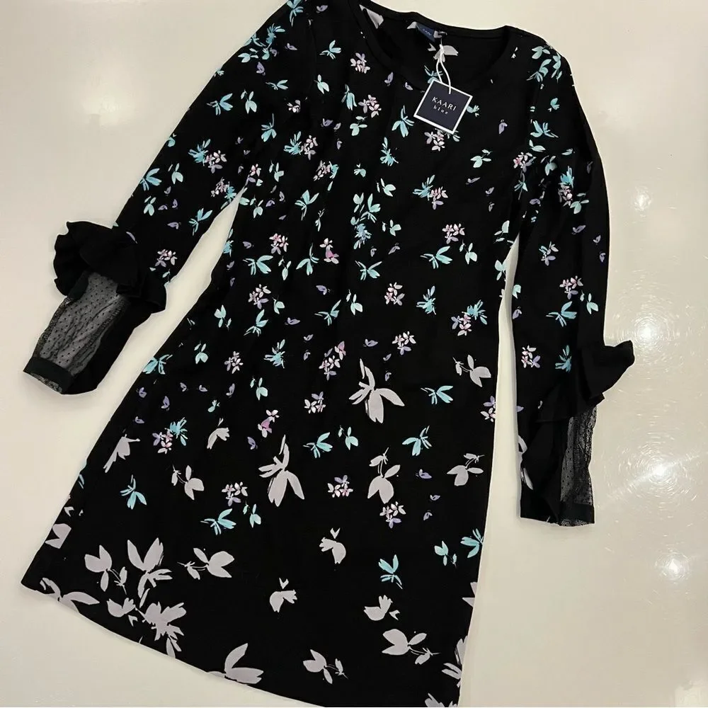NWT Kaari Blue Floral Dress with Sheer Polka Dot Sleeve Detail